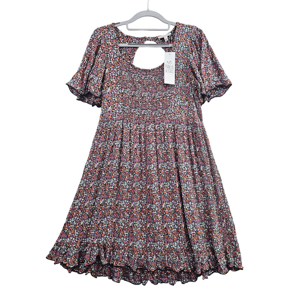 Patrons of Peace Dress Women M Violet Floral Smocked Flutter Sleeve KY19220T New